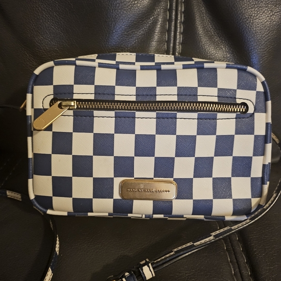 Marc Jacobs Sally Blue White Checker Square Gold Crossbody - Picture 3 of 11